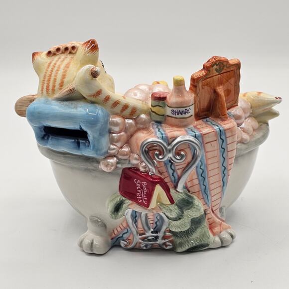Fitz & Floyd Ceramic Cat & Mouse Bank-Totally Pampered Fund Bubble Bath-No Plug - Picture 9 of 10
